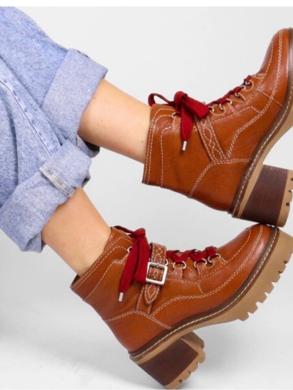 Free People Jasper Tan Leather Lug-Heel Ankle Boots with Red Laces